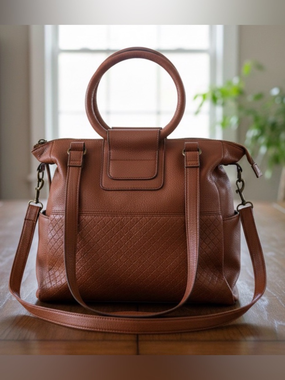Time and True Giselle Cognac Brown Faux Leather Tote Shoulder Handbag Purse - Picture 1 of 11